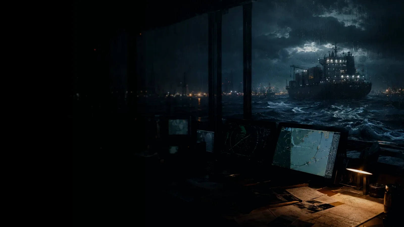 Marine Working Channel subtopic background showing container ship and harbour operations under storm light with evidence-board tension