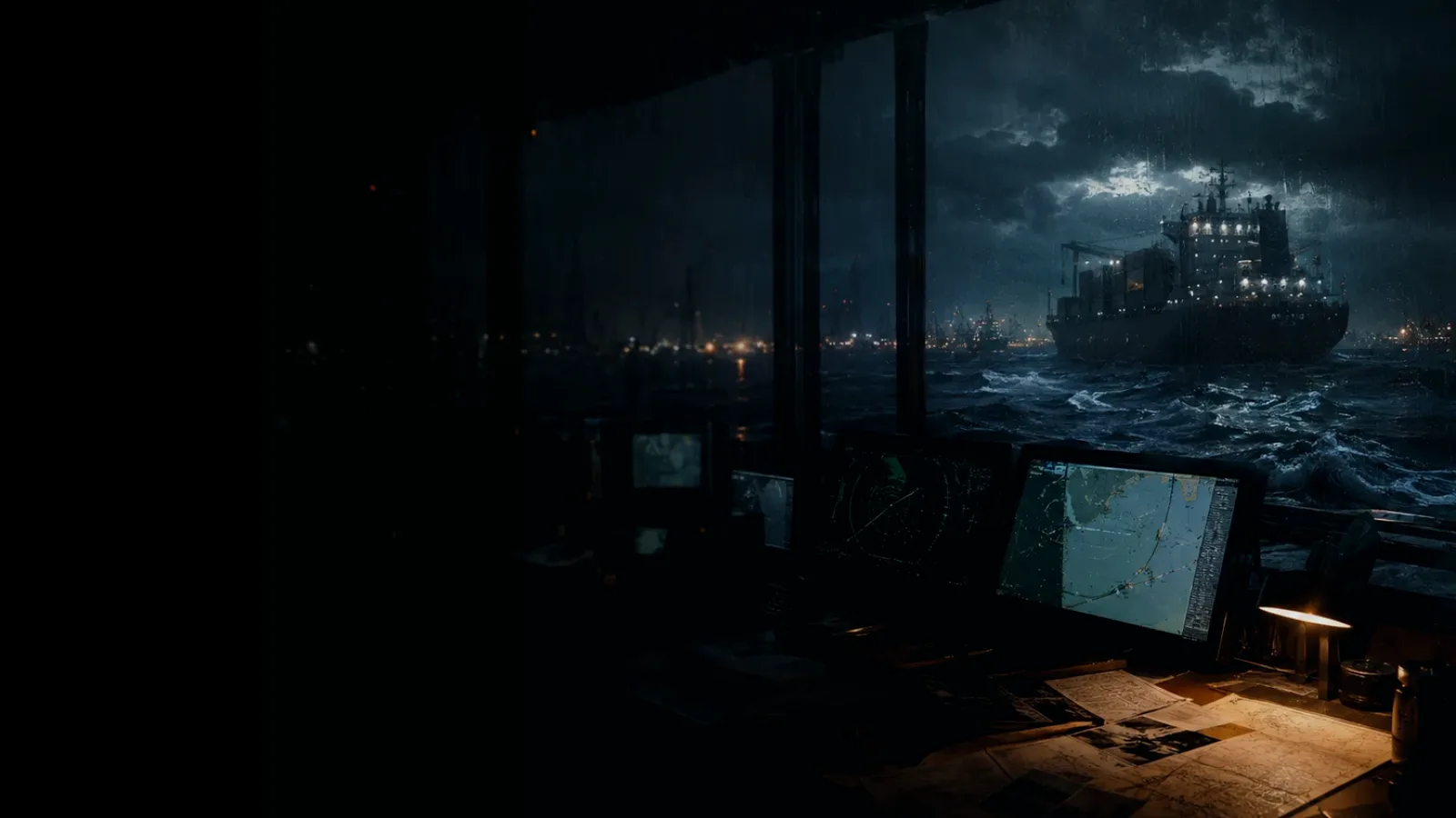 Maritime Distress Call subtopic background showing container ship and harbour operations under storm light with evidence-board tension