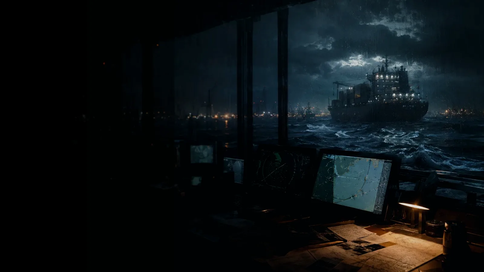 Satellite Communications subtopic background showing container ship and harbour operations under storm light with evidence-board tension