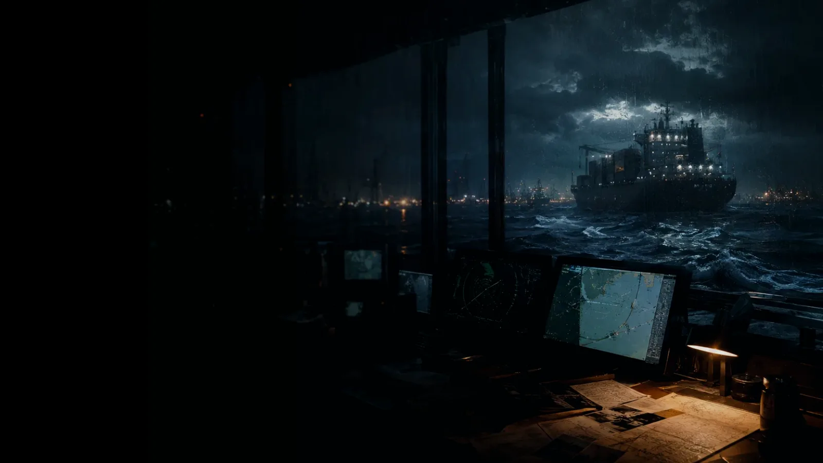 Ship-to-Ship Radio subtopic background showing container ship and harbour operations under storm light with evidence-board tension