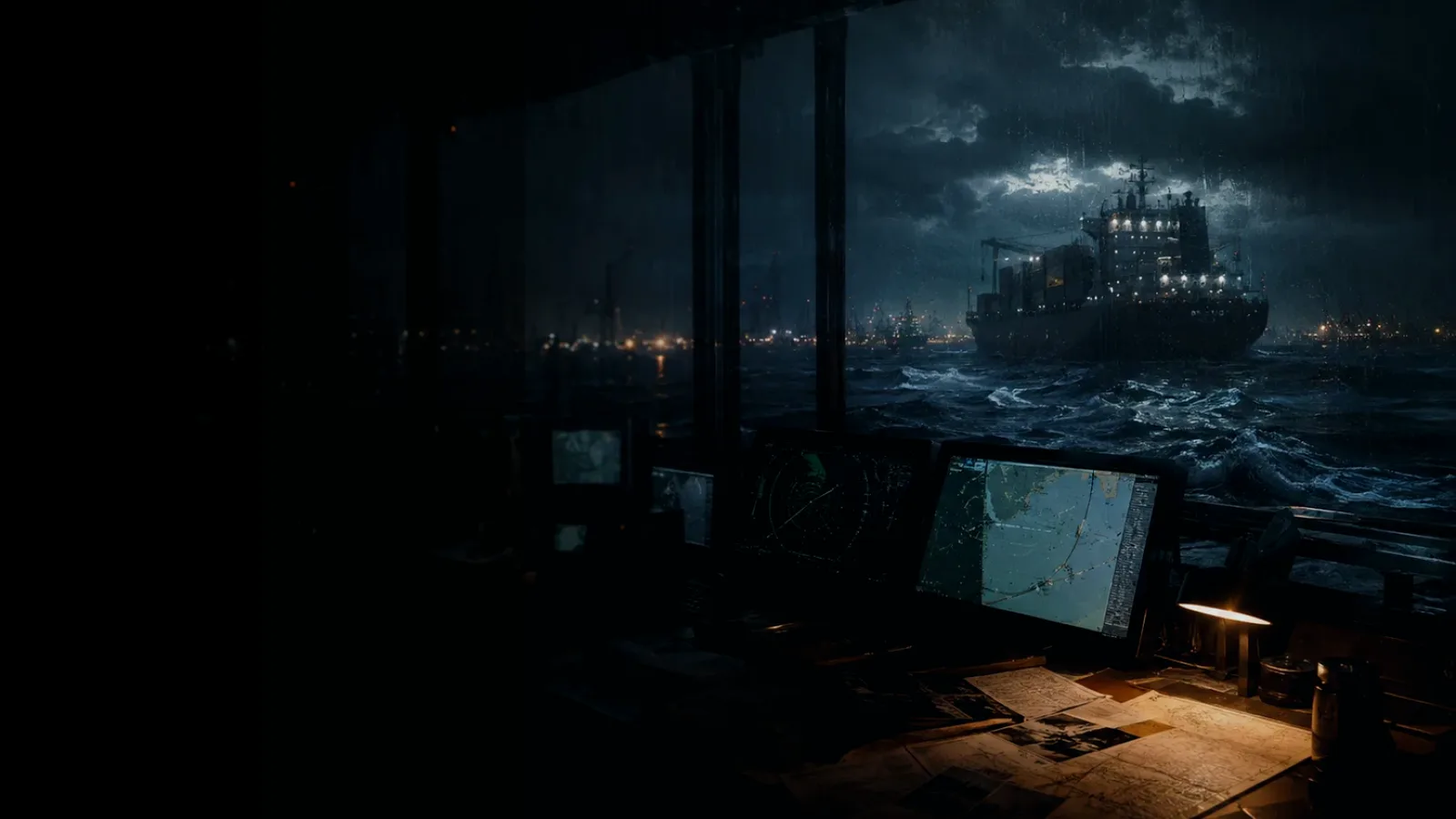 VHF Channel 16 subtopic background showing container ship and harbour operations under storm light with evidence-board tension