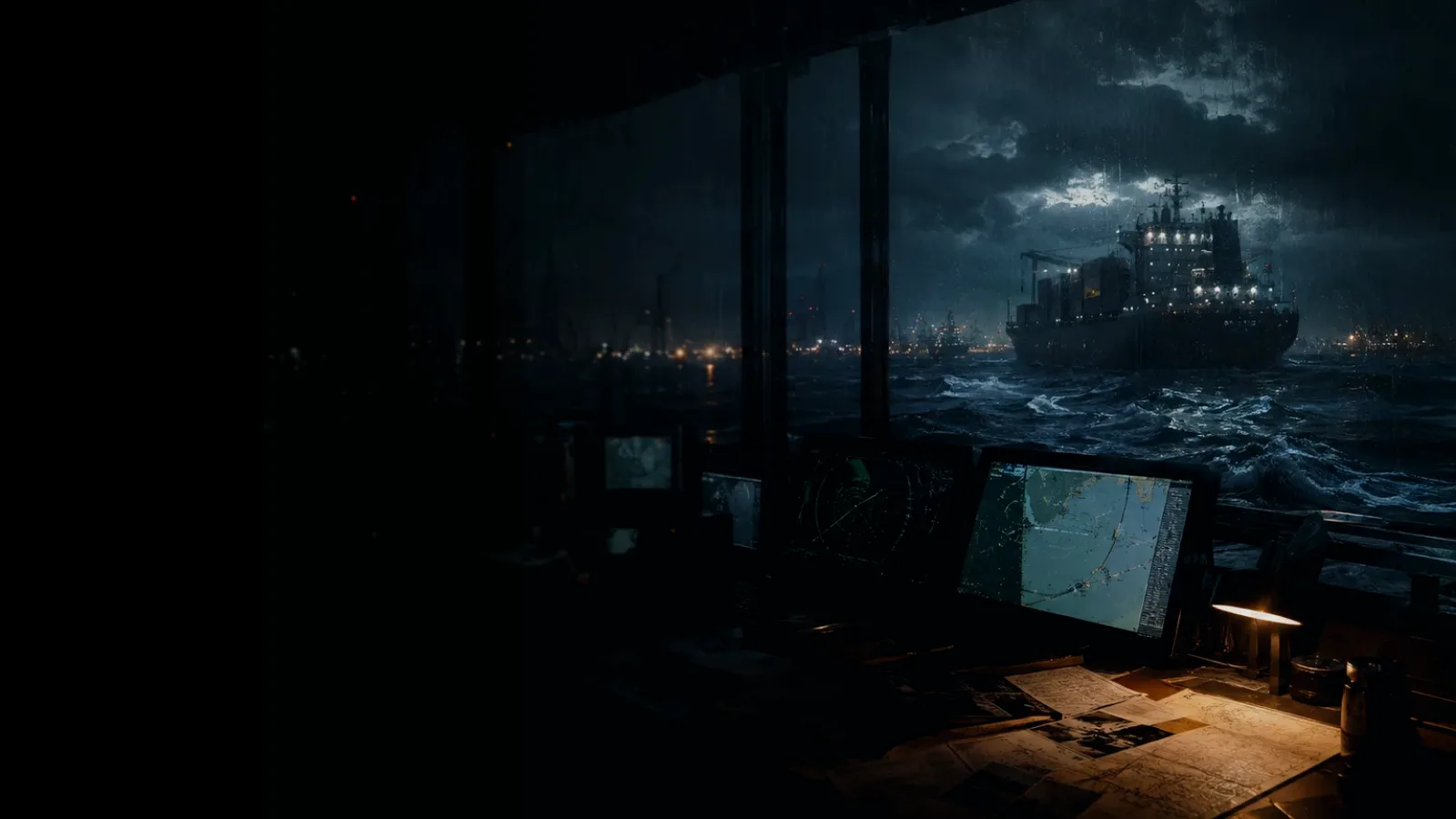 VHF Marine Radio subtopic background showing container ship and harbour operations under storm light with evidence-board tension