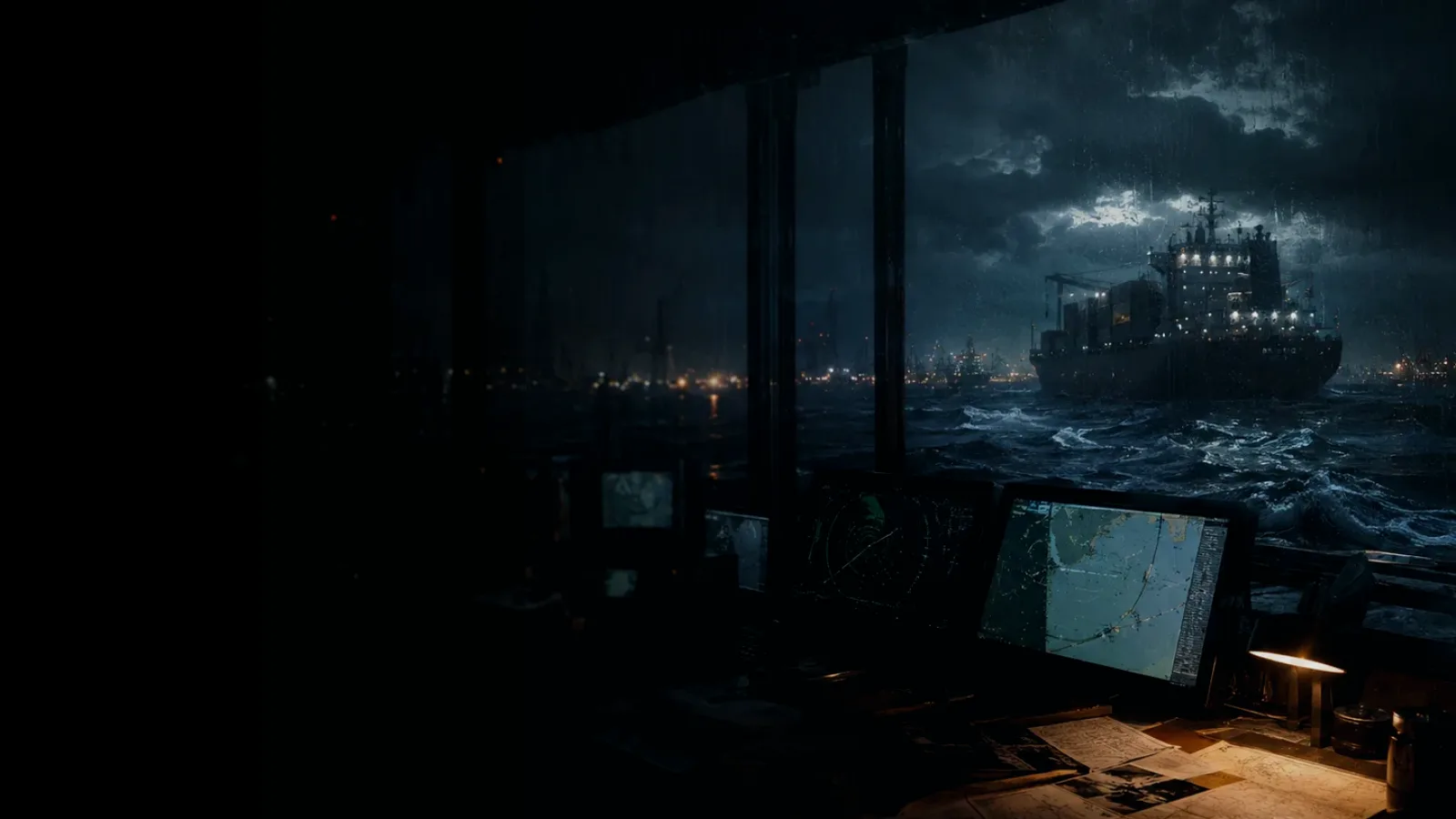 Current Shear subtopic background showing container ship and harbour operations under storm light with evidence-board tension