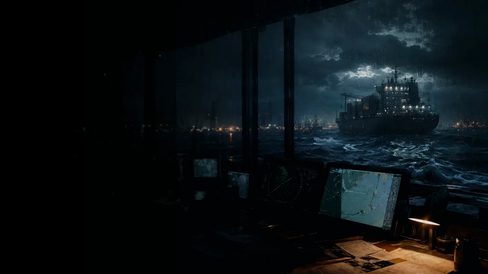 Ocean Current subtopic background showing container ship and harbour operations under storm light with evidence-board tension