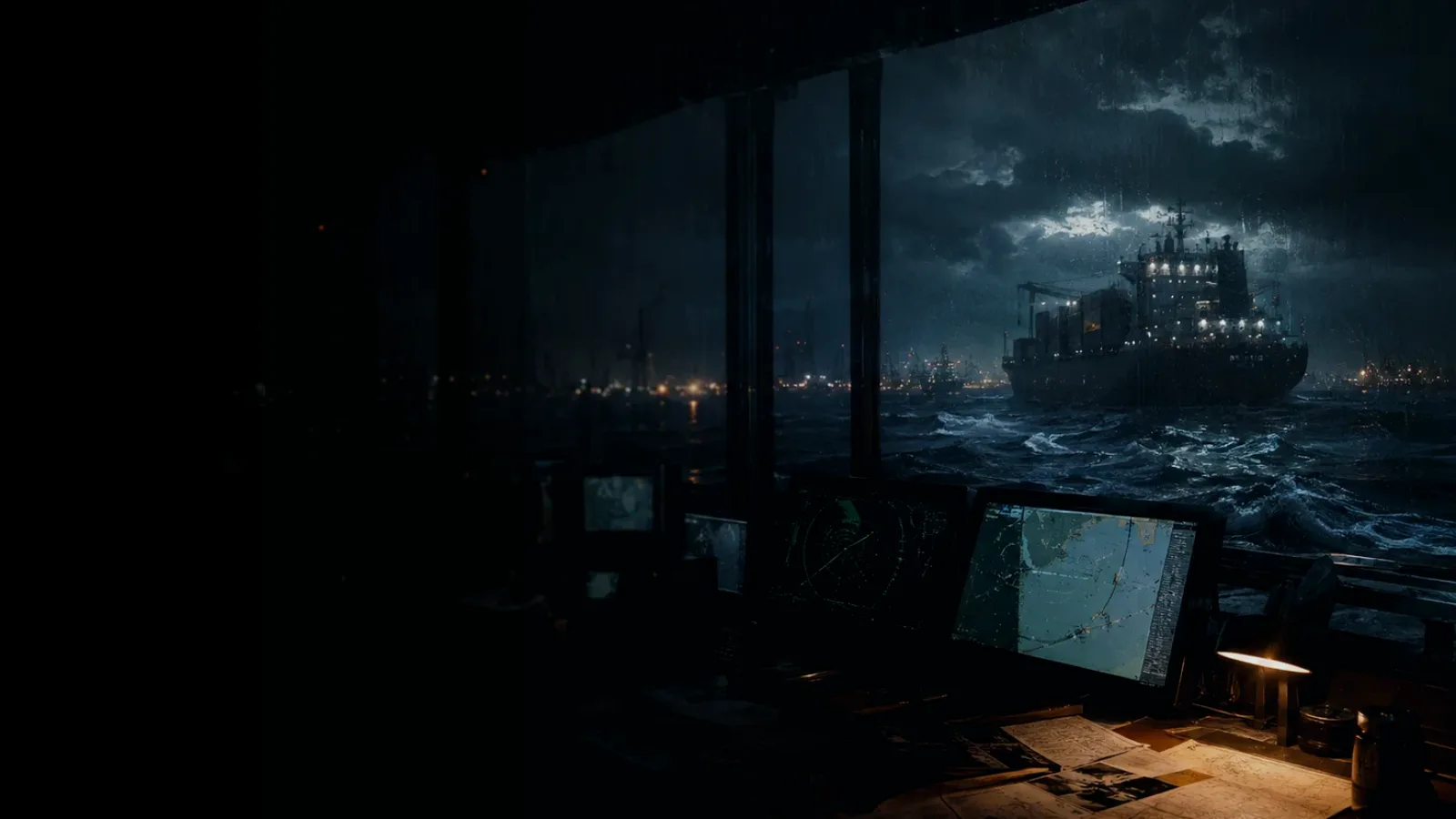 Ship Wake subtopic background showing container ship and harbour operations under storm light with evidence-board tension