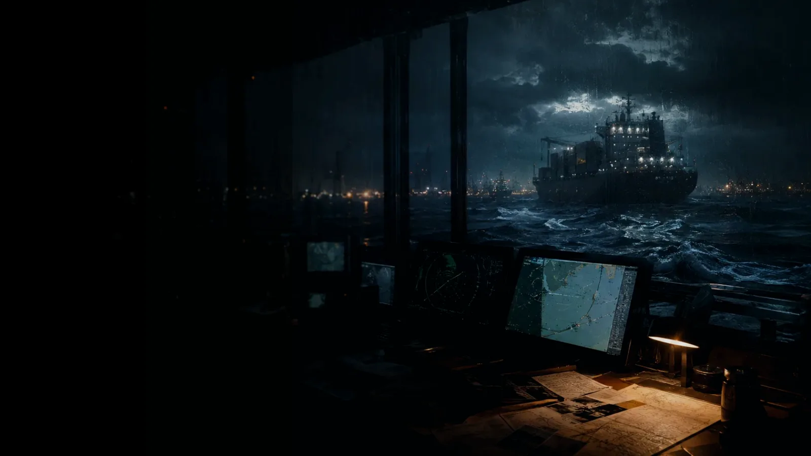 Swell subtopic background showing container ship and harbour operations under storm light with evidence-board tension