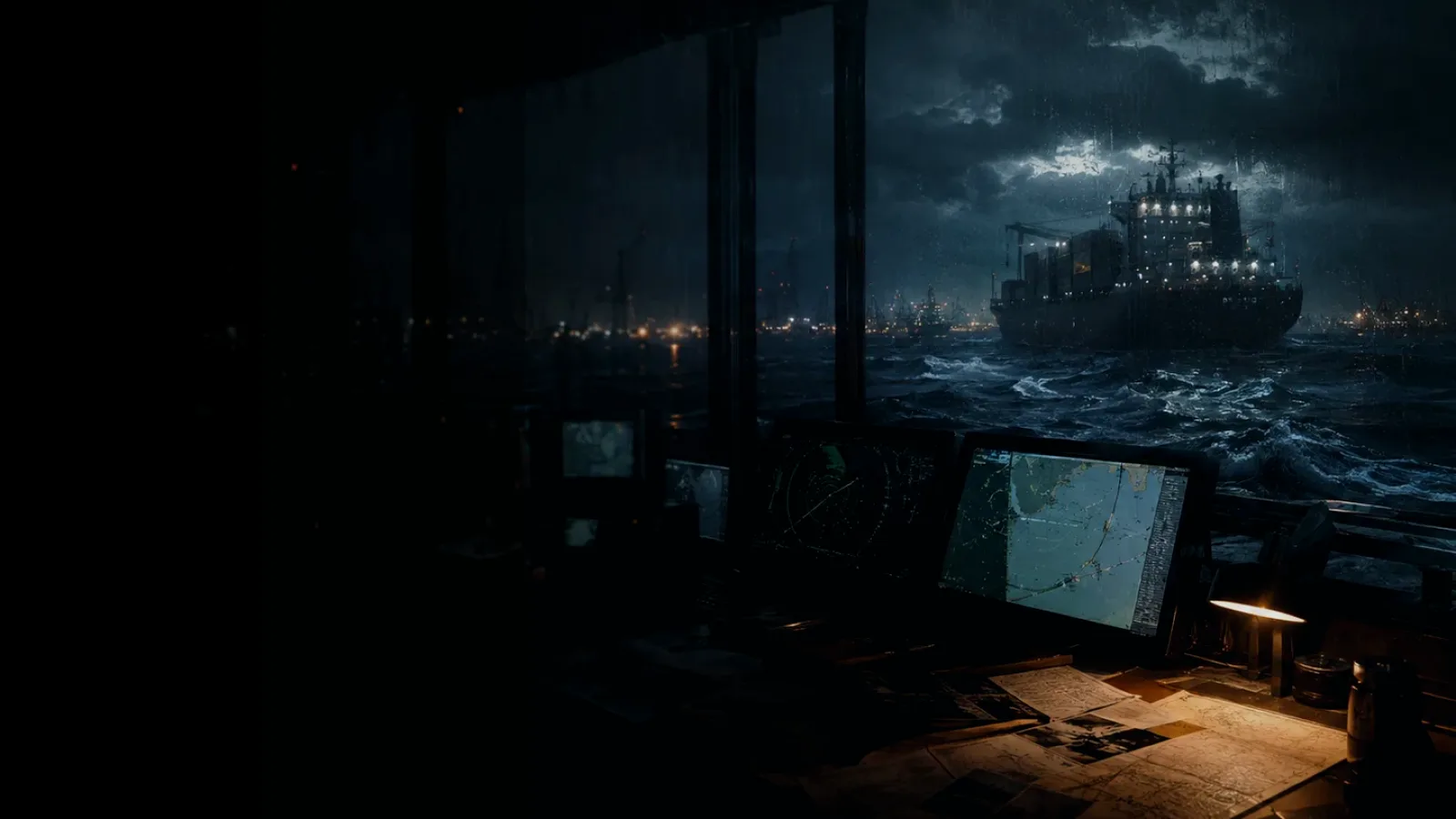Tide subtopic background showing container ship and harbour operations under storm light with evidence-board tension