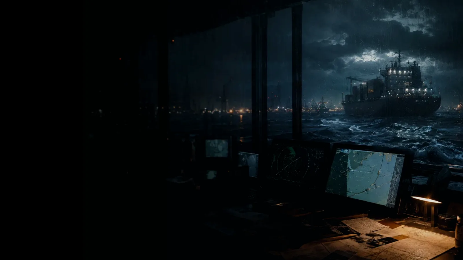 Water Depth subtopic background showing container ship and harbour operations under storm light with evidence-board tension