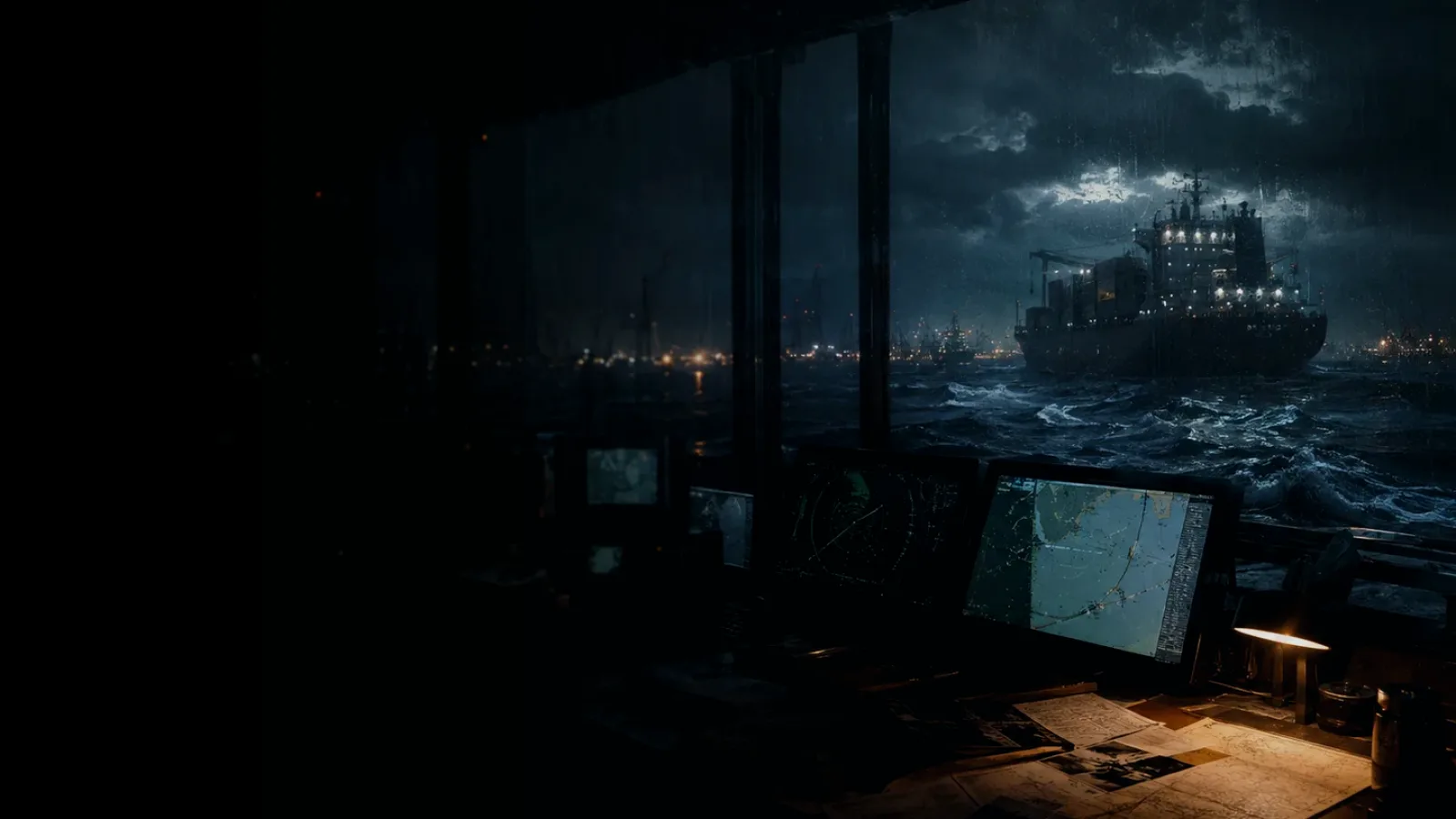 Weather Warning at Sea subtopic background showing container ship and harbour operations under storm light with evidence-board tension
