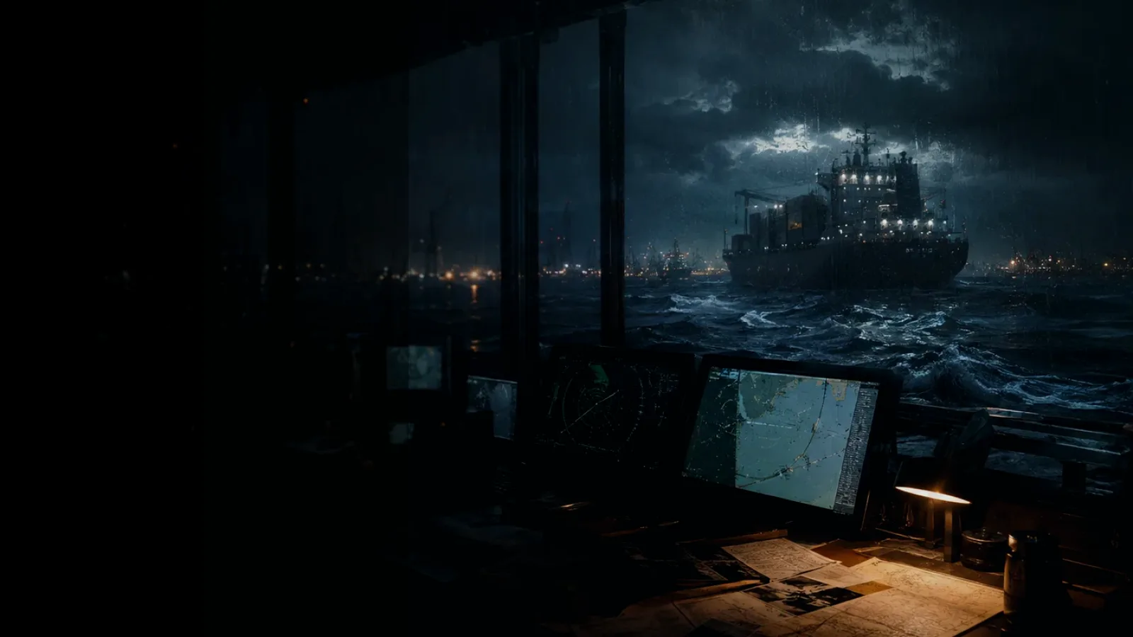 AIS Dynamic Data subtopic background showing ship bridge display with AIS-style vessel tracks, marine traffic plotting and harbour pressure