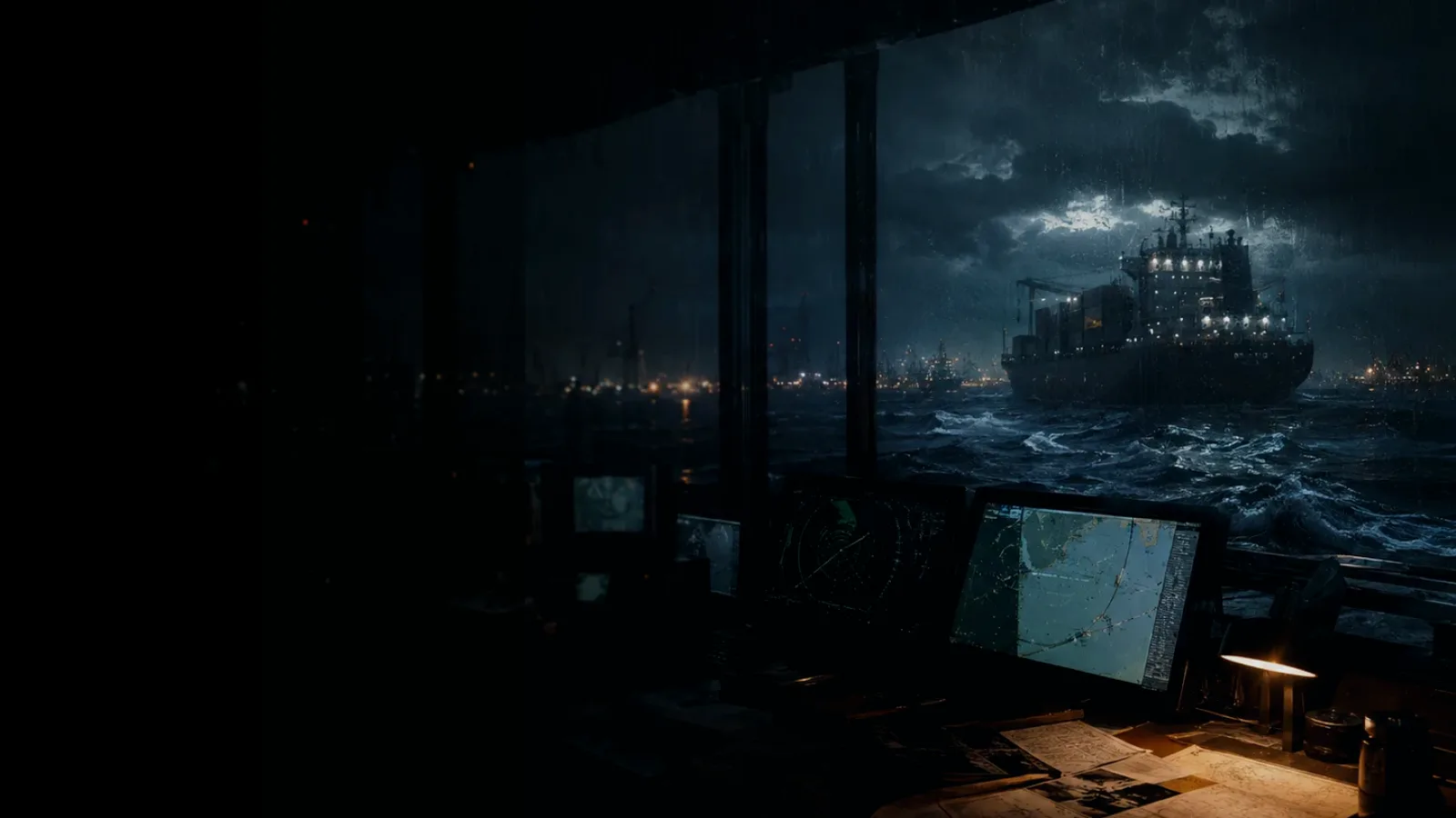 Automatic Radar Plotting Aid (ARPA) subtopic background showing marine radar screen, bridge watchkeeping and collision-avoidance plotting under storm light