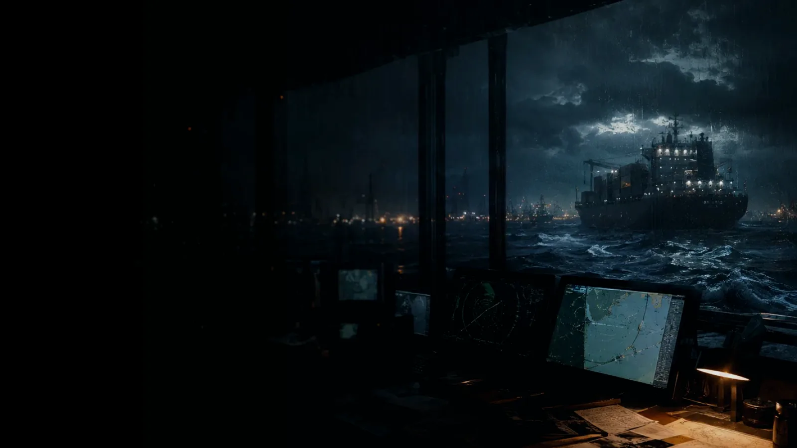 Closest Point of Approach (CPA) subtopic background showing marine radar screen, bridge watchkeeping and collision-avoidance plotting under storm light