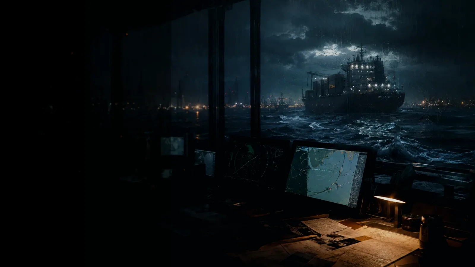 Electronic Nautical Chart subtopic background showing marine radar screen, bridge watchkeeping and collision-avoidance plotting under storm light