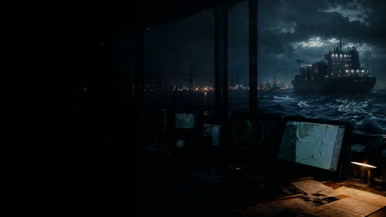 Gyrocompass subtopic background showing marine radar screen, bridge watchkeeping and collision-avoidance plotting under storm light