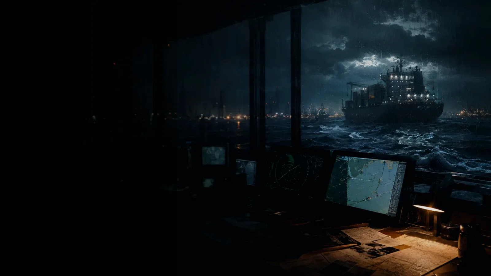 Navigation Lights subtopic background showing marine radar screen, bridge watchkeeping and collision-avoidance plotting under storm light
