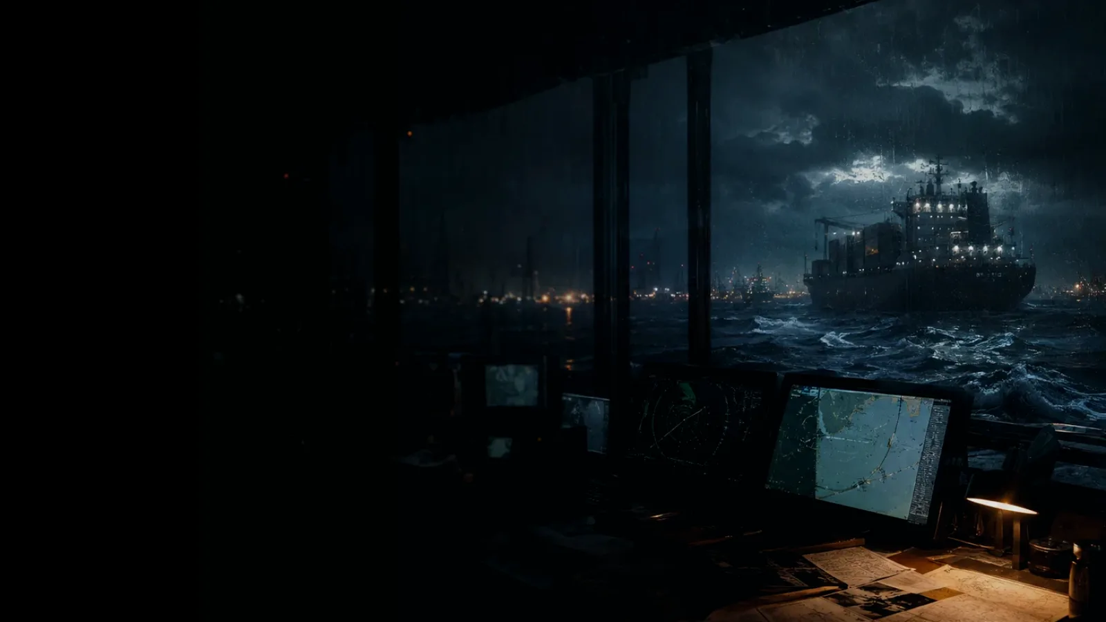Pilot Card subtopic background showing marine radar screen, bridge watchkeeping and collision-avoidance plotting under storm light