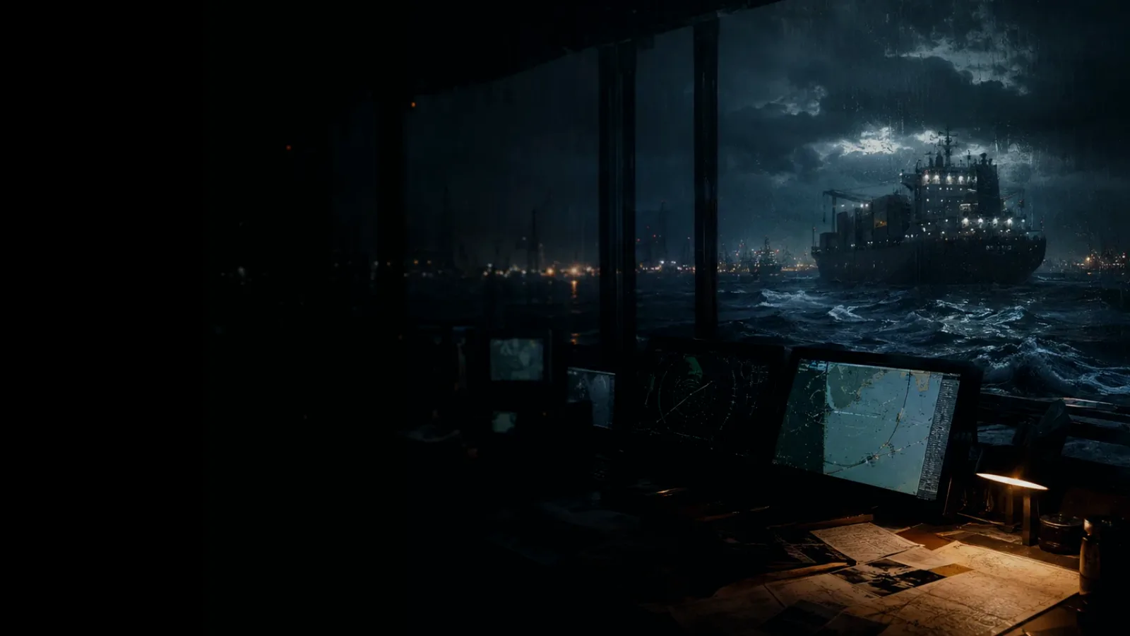 Pilot Ladder subtopic background showing marine radar screen, bridge watchkeeping and collision-avoidance plotting under storm light