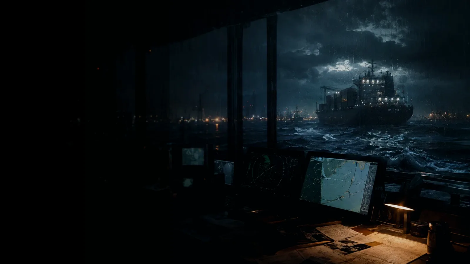 Radar Plotting subtopic background showing marine radar screen, bridge watchkeeping and collision-avoidance plotting under storm light