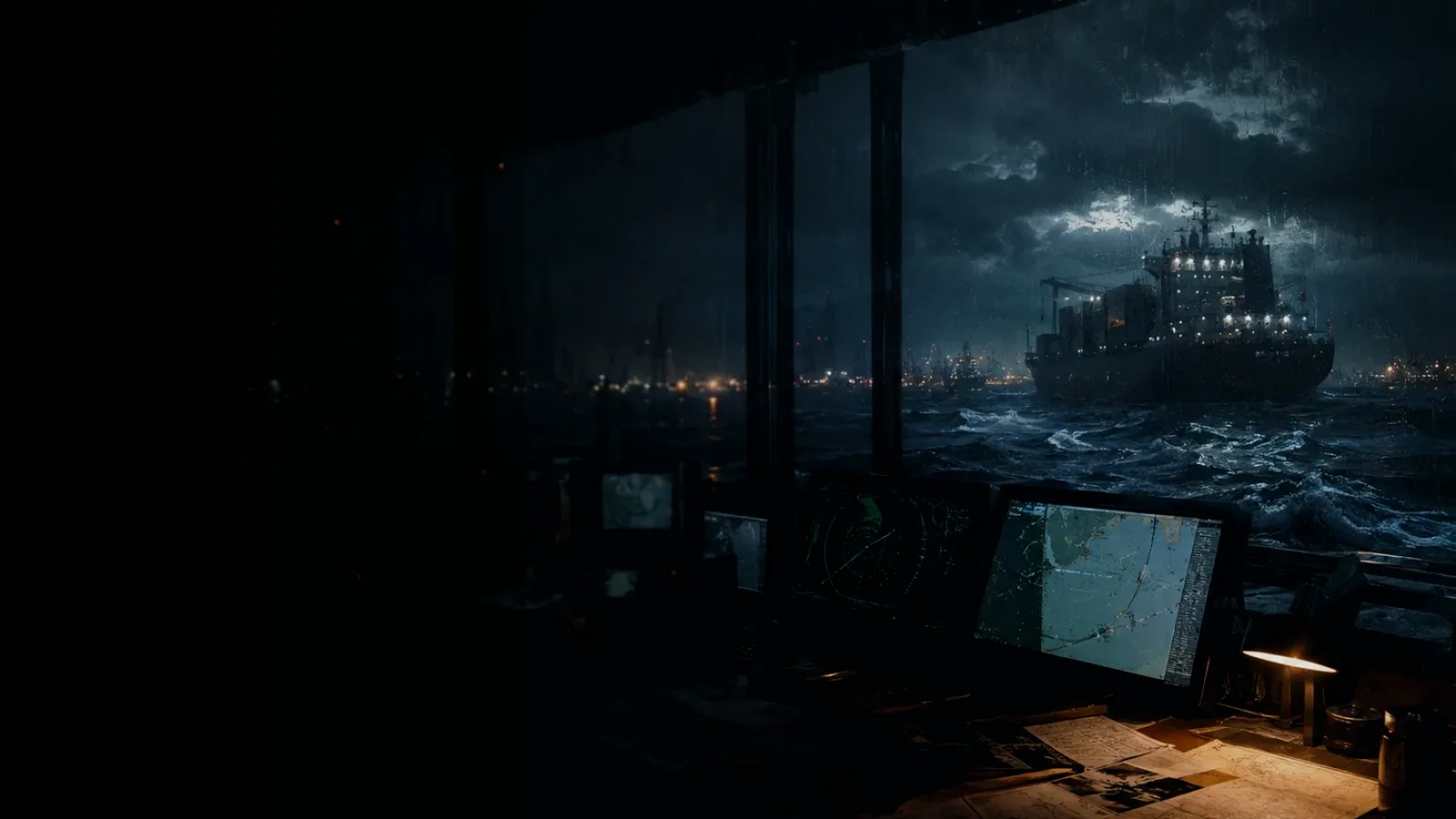Raw Radar subtopic background showing marine radar screen, bridge watchkeeping and collision-avoidance plotting under storm light