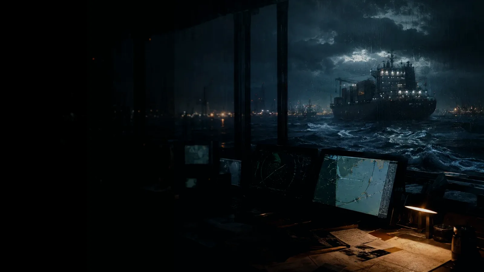 Soundings subtopic background showing marine radar screen, bridge watchkeeping and collision-avoidance plotting under storm light