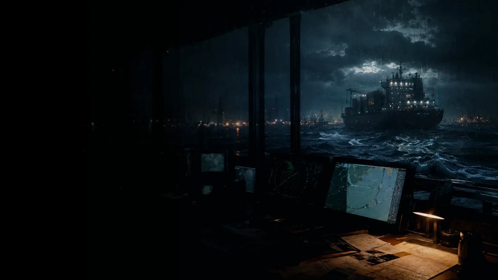 Speed Through the Water subtopic background showing marine radar screen, bridge watchkeeping and collision-avoidance plotting under storm light