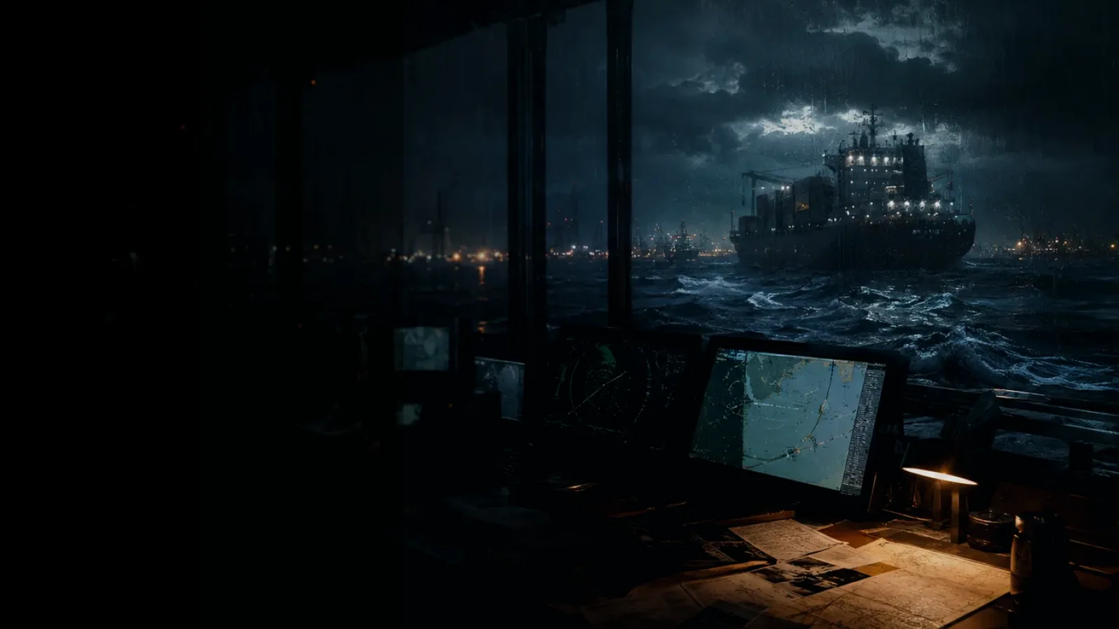 Under-Keel Clearance subtopic background showing marine radar screen, bridge watchkeeping and collision-avoidance plotting under storm light
