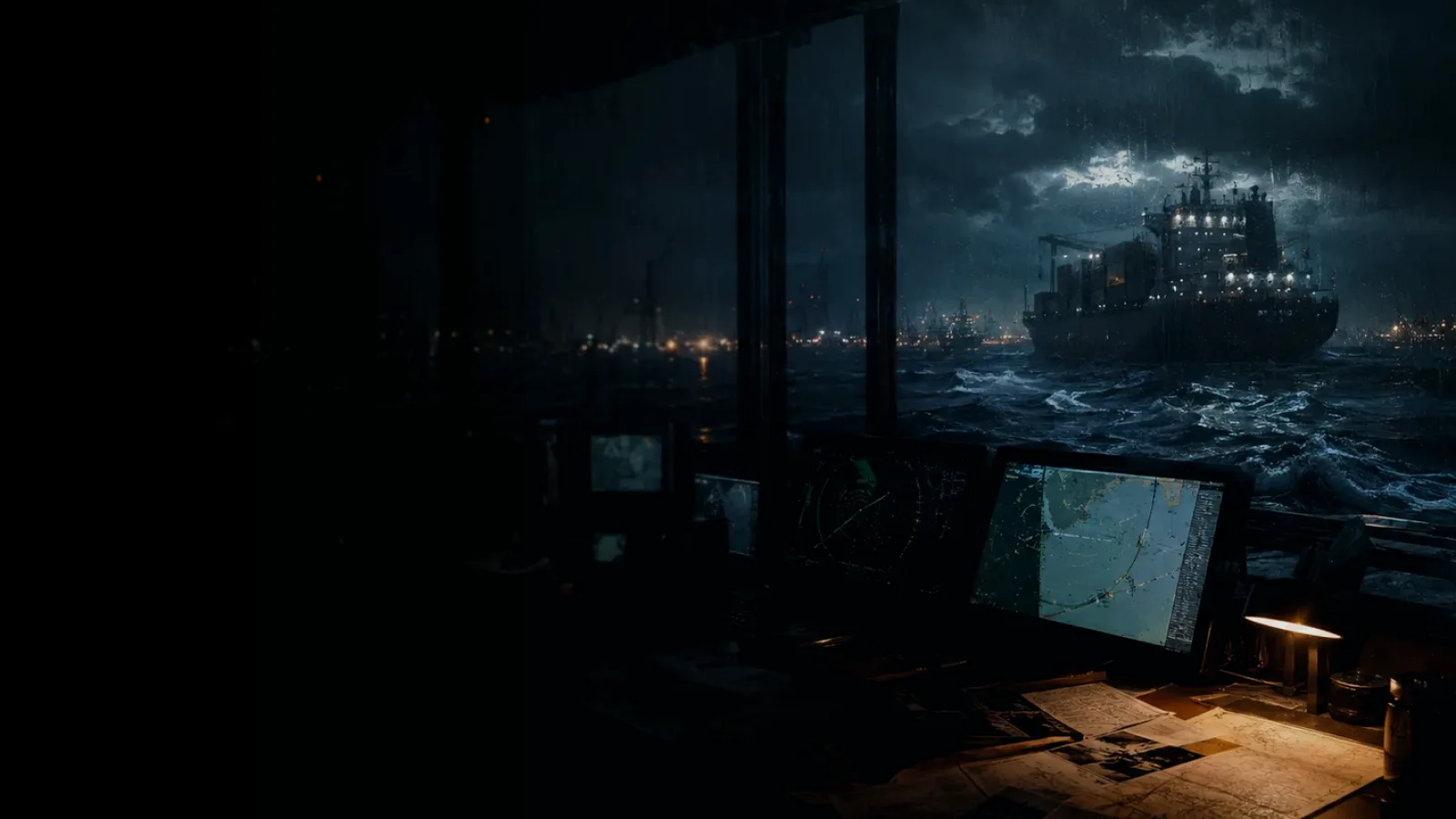 Bridge Audio Recording subtopic background showing container ship and harbour operations under storm light with evidence-board tension