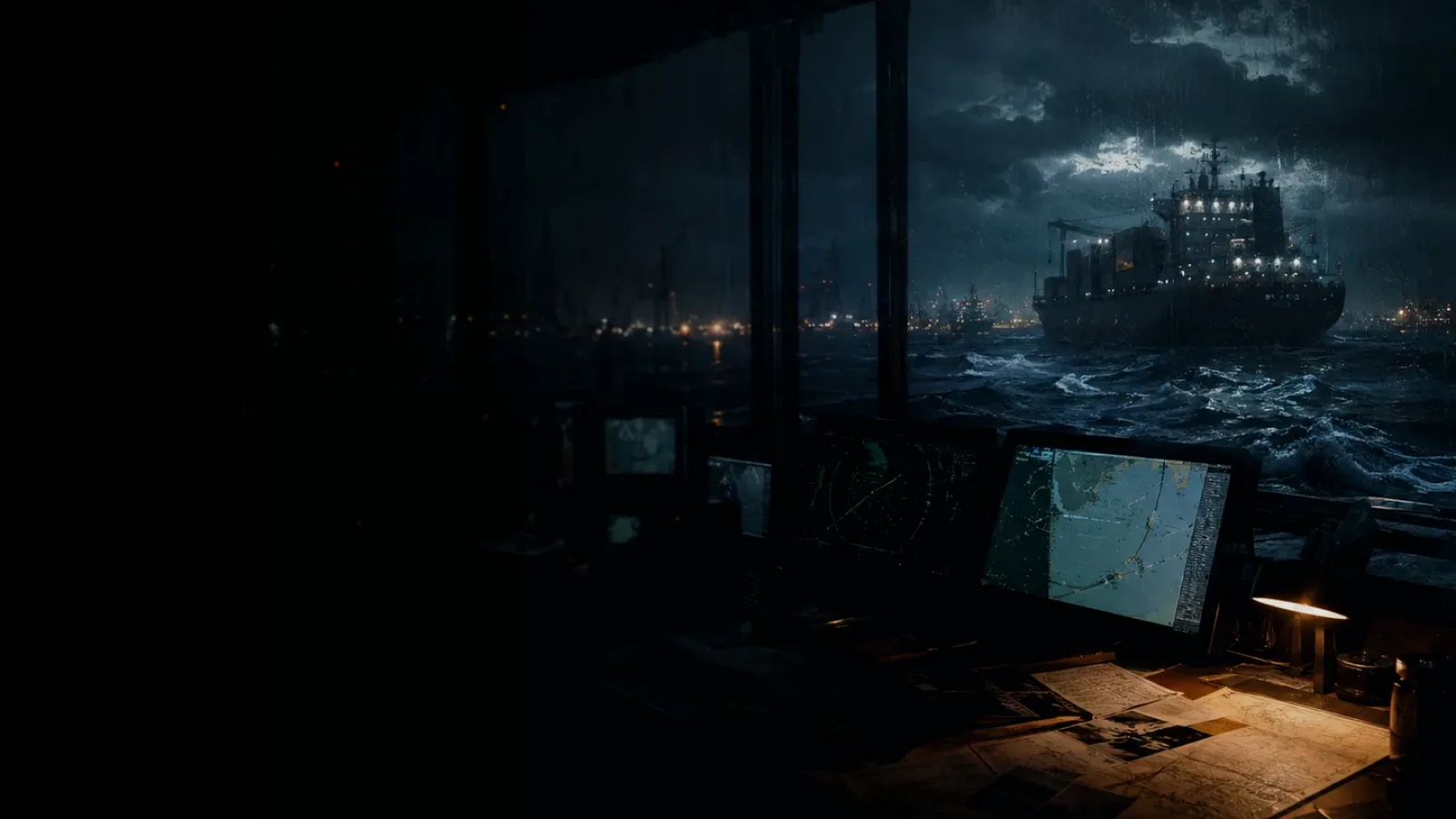 Bridge Evidence Reconstruction subtopic background showing container ship and harbour operations under storm light with evidence-board tension