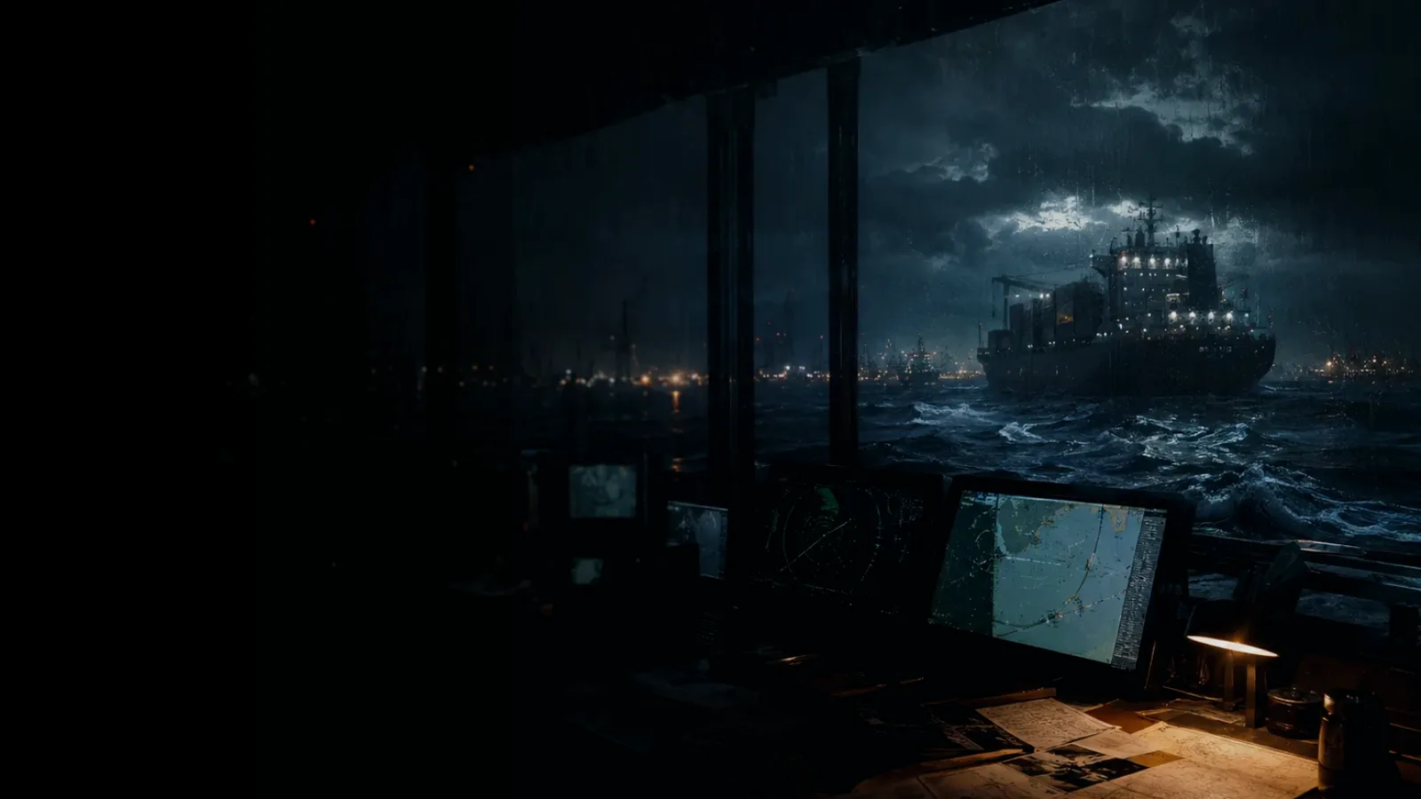 Debris Field Examination subtopic background showing container ship and harbour operations under storm light with evidence-board tension