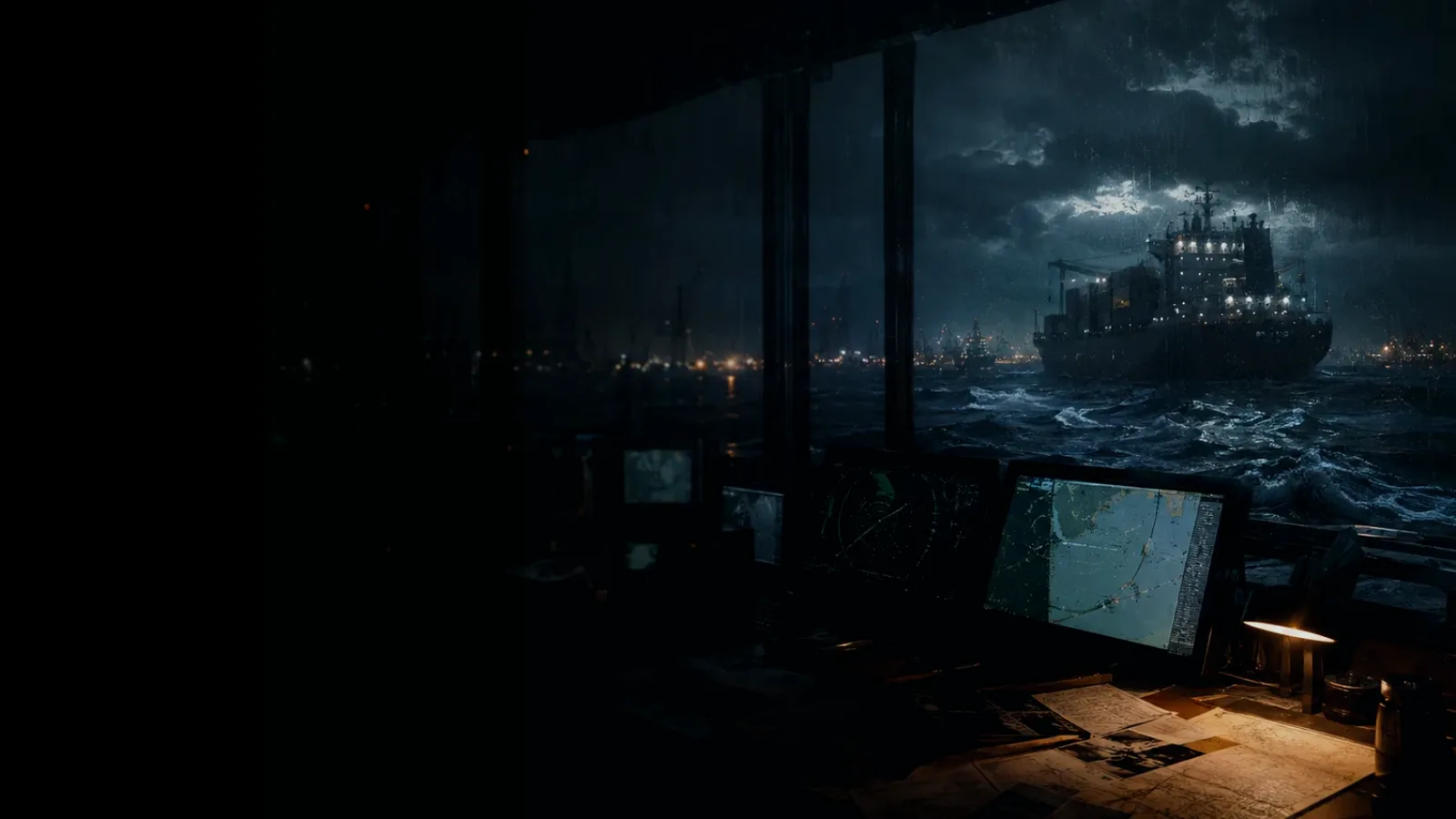 Marine Accident Investigation subtopic background showing container ship and harbour operations under storm light with evidence-board tension