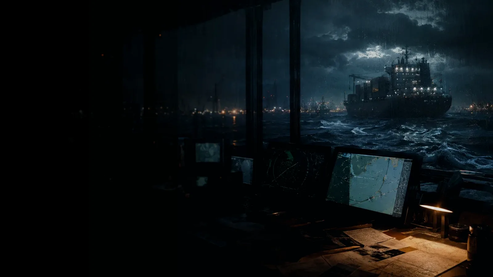 Marine Forensics subtopic background showing container ship and harbour operations under storm light with evidence-board tension