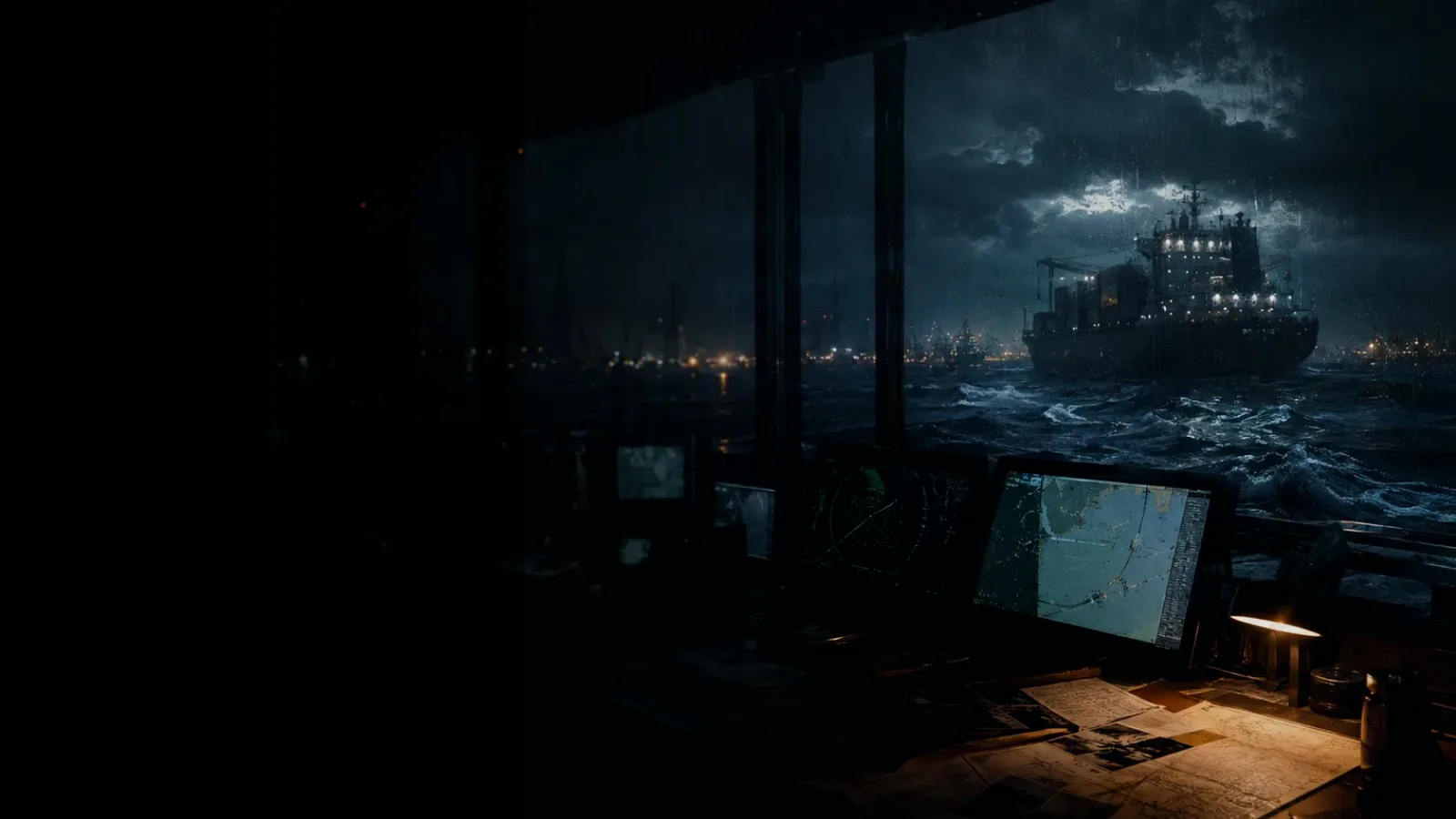 Salvage Operation subtopic background showing container ship and harbour operations under storm light with evidence-board tension