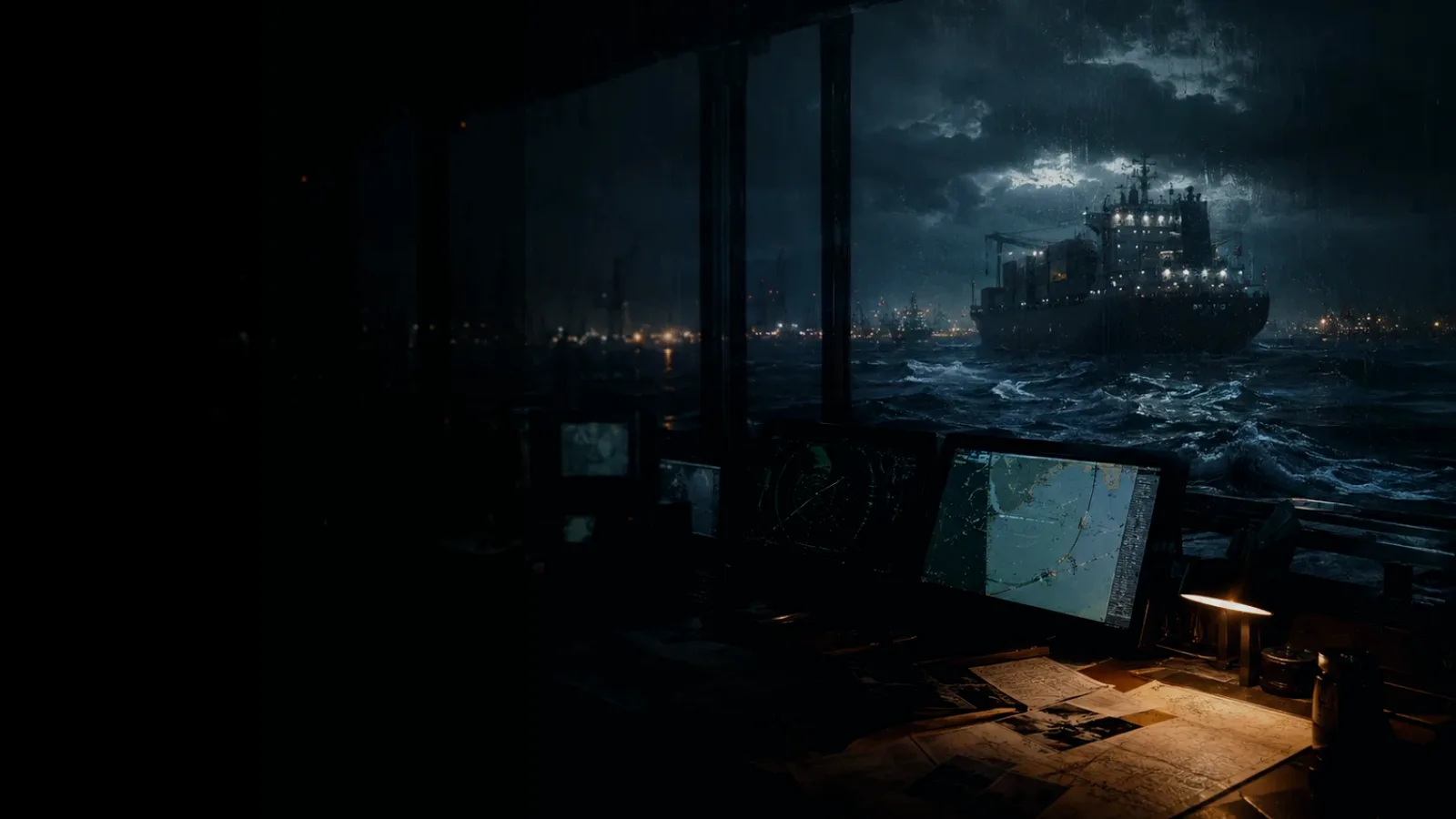 Wreckage Investigation subtopic background showing container ship and harbour operations under storm light with evidence-board tension
