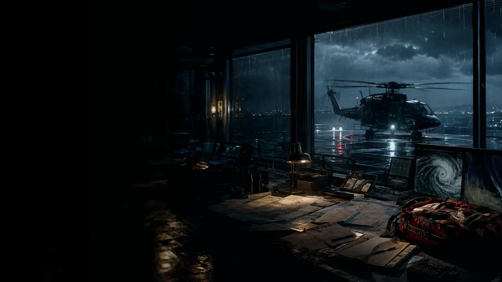 Rescue Helicopter Response subtopic background showing rescue helicopter silhouette over a night operations room and coastal weather