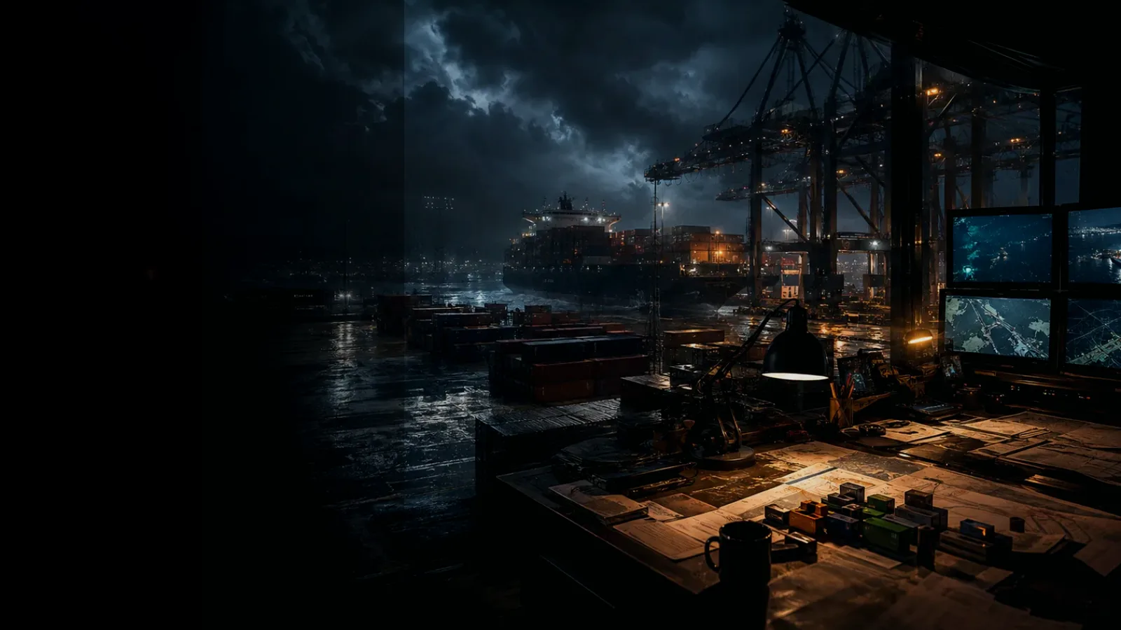 Cargo Crane subtopic background showing wet container terminal, cargo movement, freight records and logistics evidence