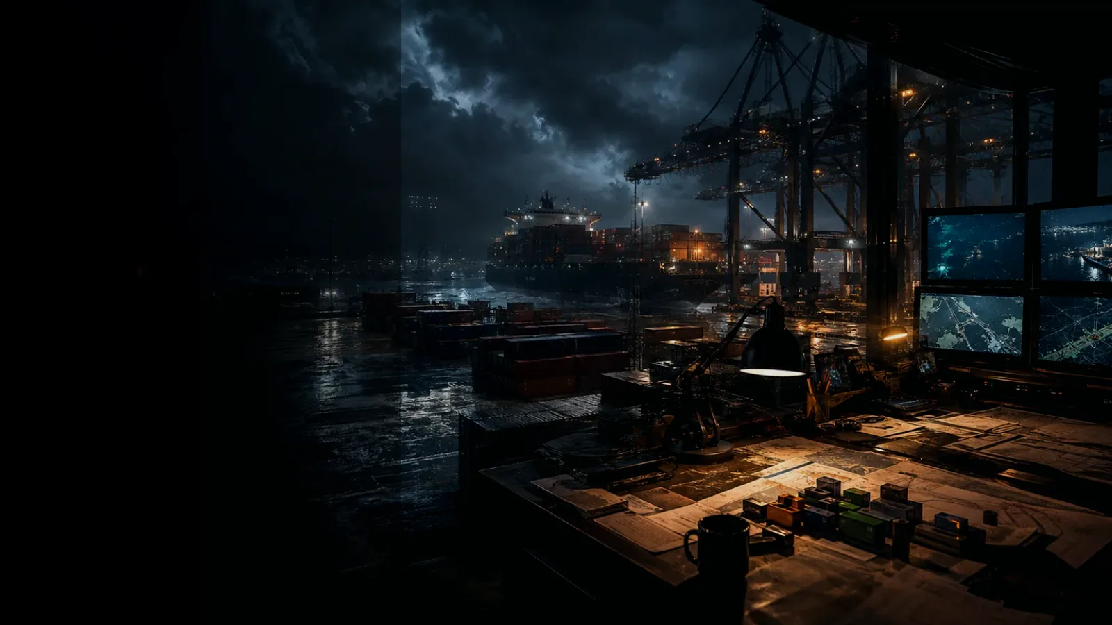 Cargo Scanning subtopic background showing wet container terminal, cargo movement, freight records and logistics evidence