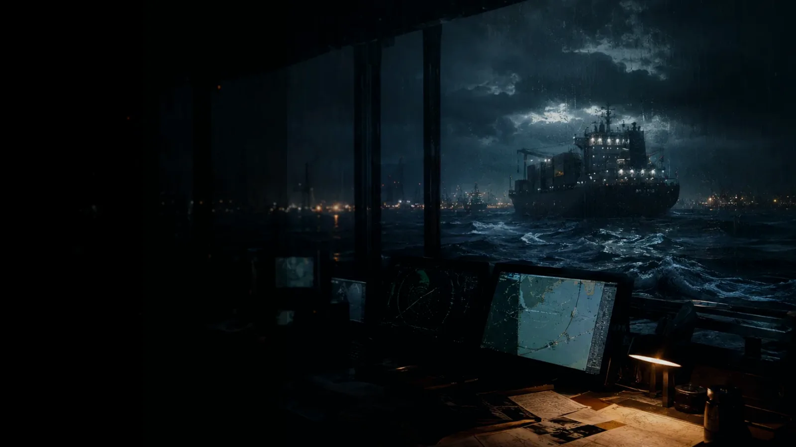 Harbour Authority subtopic background showing container ship and harbour operations under storm light with evidence-board tension