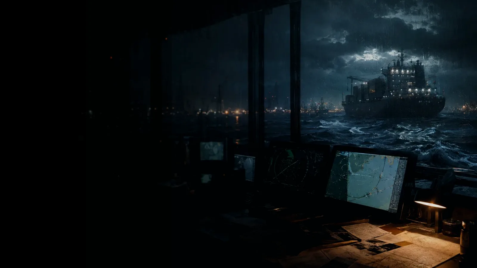 Port Entry Clearance subtopic background showing container ship and harbour operations under storm light with evidence-board tension