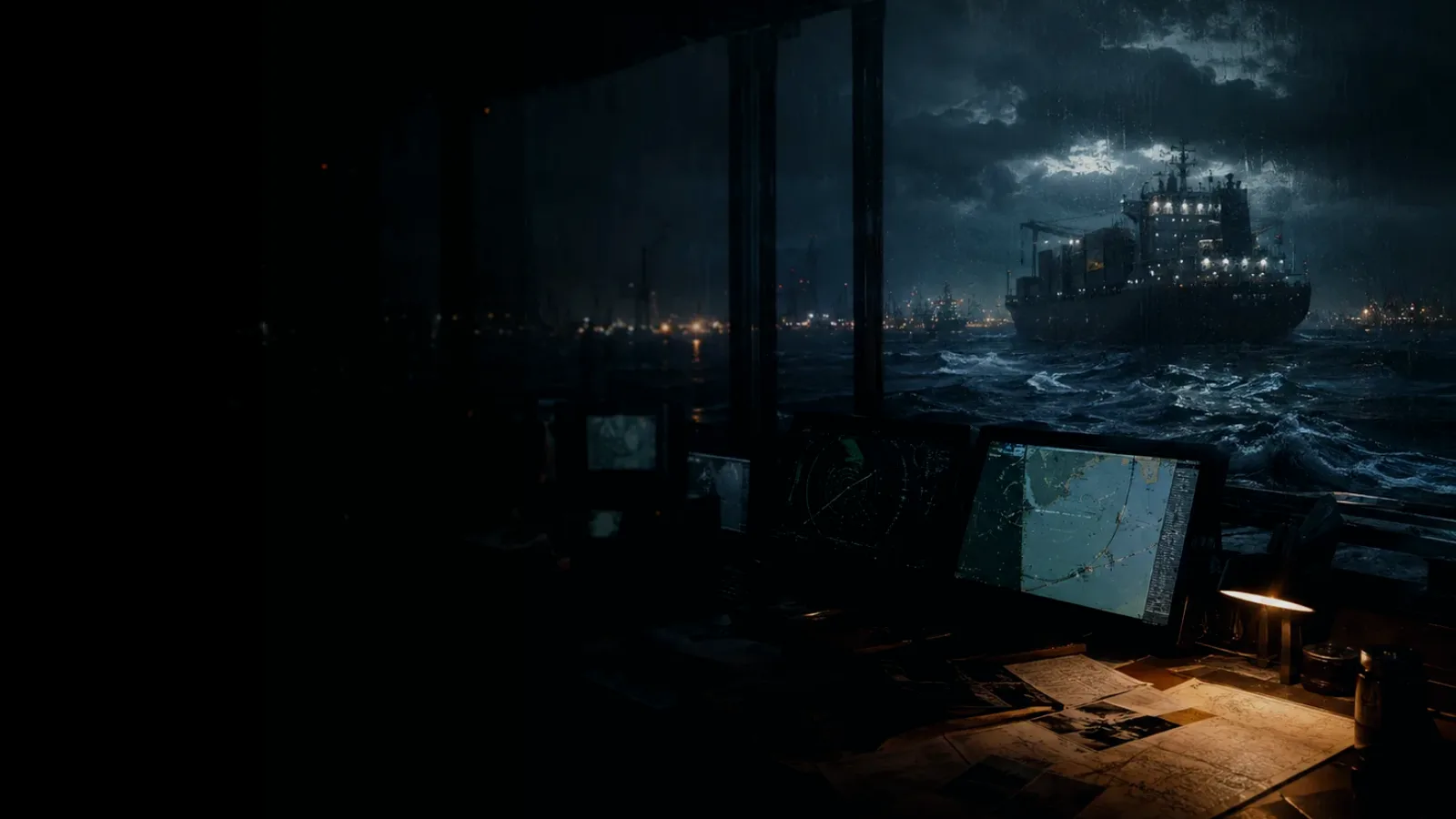 Port Tractor subtopic background showing container ship and harbour operations under storm light with evidence-board tension