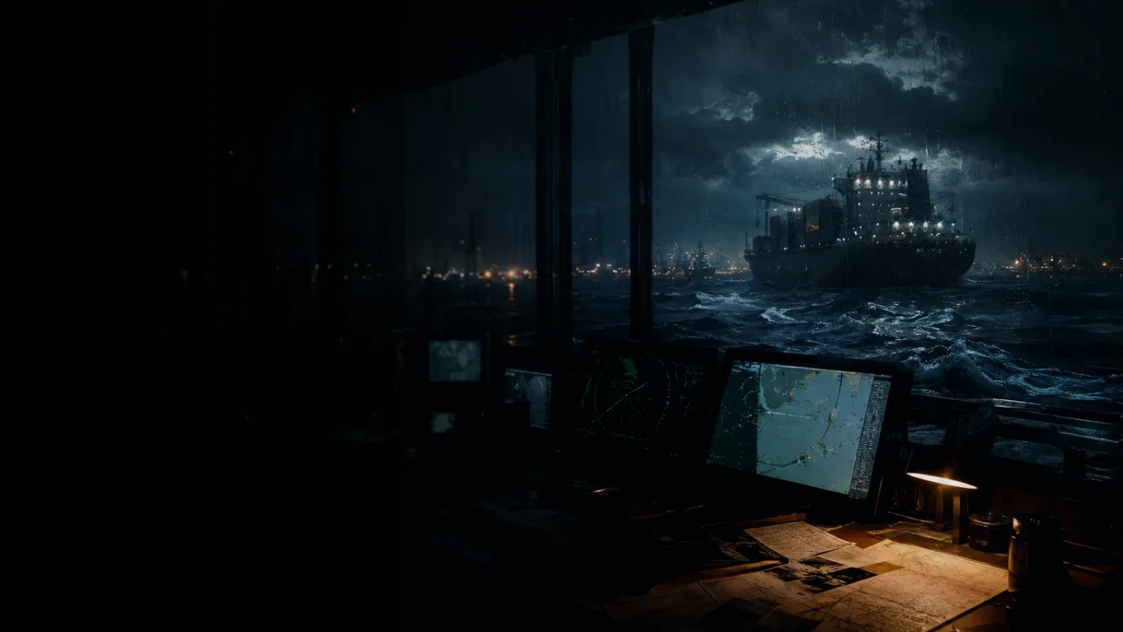 Service Basin subtopic background showing container ship and harbour operations under storm light with evidence-board tension