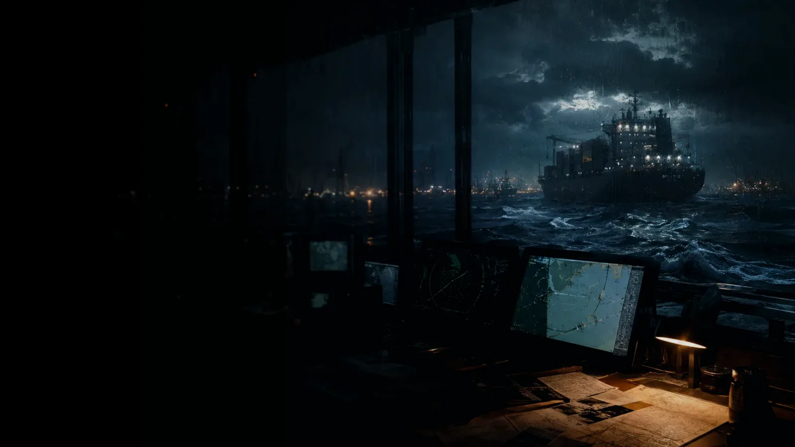Twist Lock subtopic background showing container ship and harbour operations under storm light with evidence-board tension