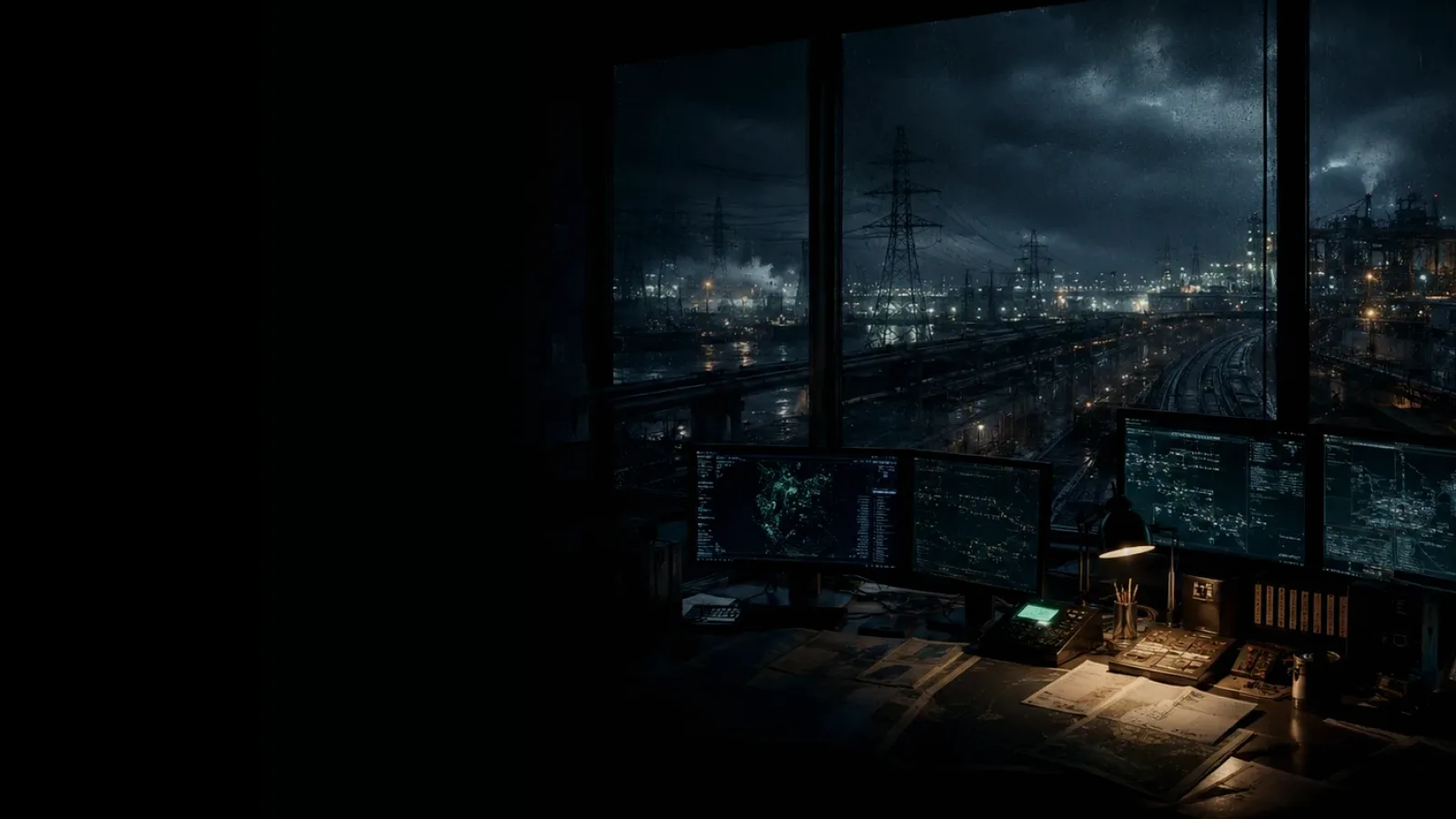 Emergency Braking on a Train subtopic background showing critical infrastructure map, cables, terminals and pressure in a dark operations room