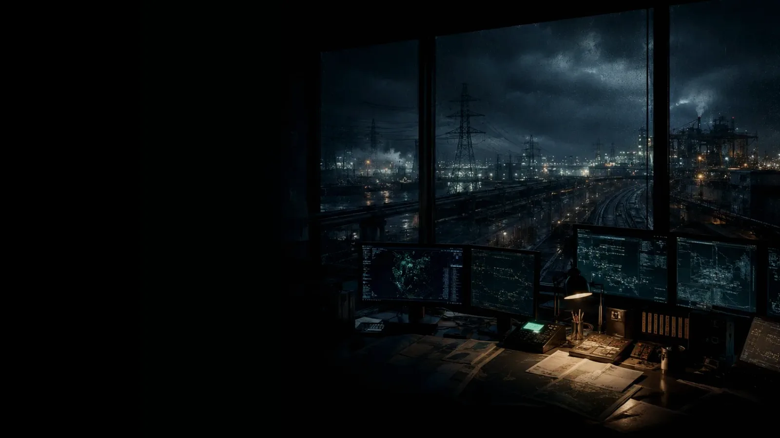 Maintenance Wagon subtopic background showing critical infrastructure map, cables, terminals and pressure in a dark operations room
