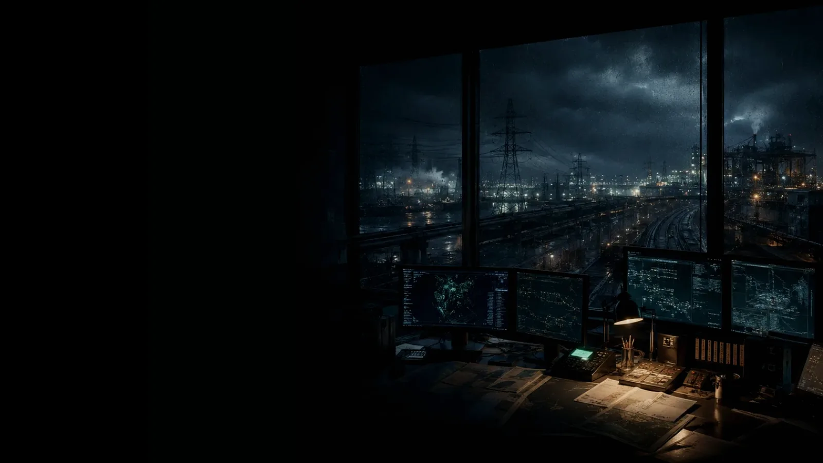 Rail Possession subtopic background showing critical infrastructure map, cables, terminals and pressure in a dark operations room