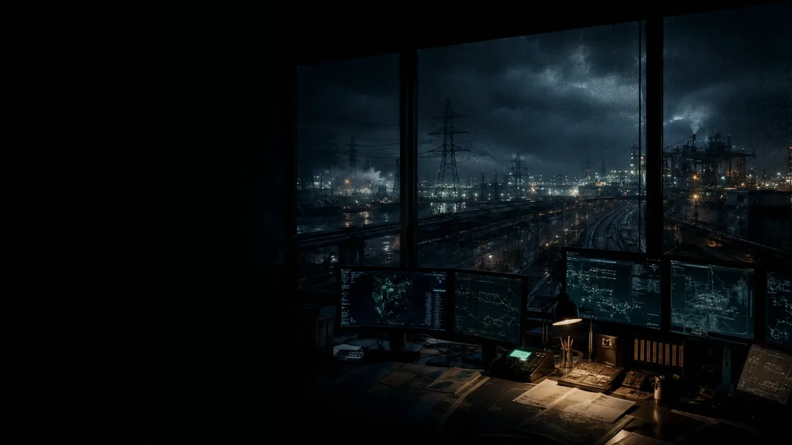 Railway Control Van subtopic background showing critical infrastructure map, cables, terminals and pressure in a dark operations room