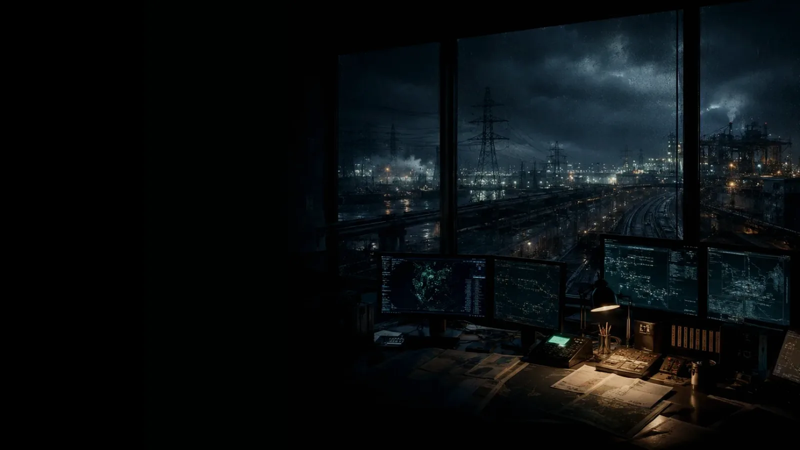 Railway Signalling subtopic background showing critical infrastructure map, cables, terminals and pressure in a dark operations room
