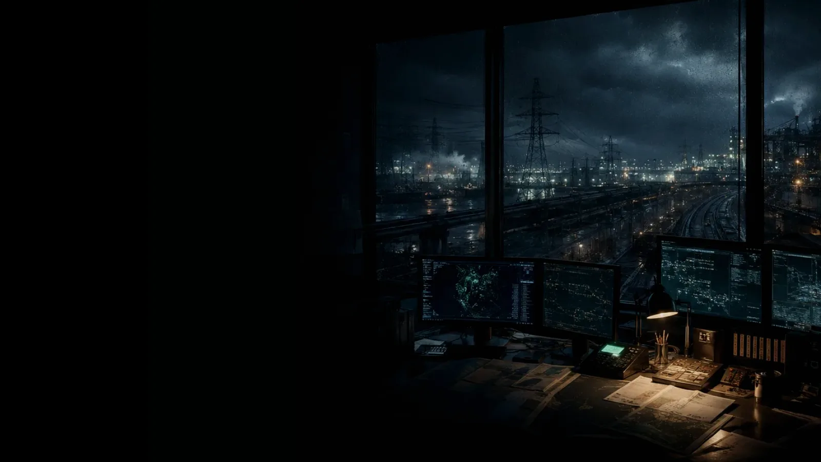 Railway Station subtopic background showing critical infrastructure map, cables, terminals and pressure in a dark operations room