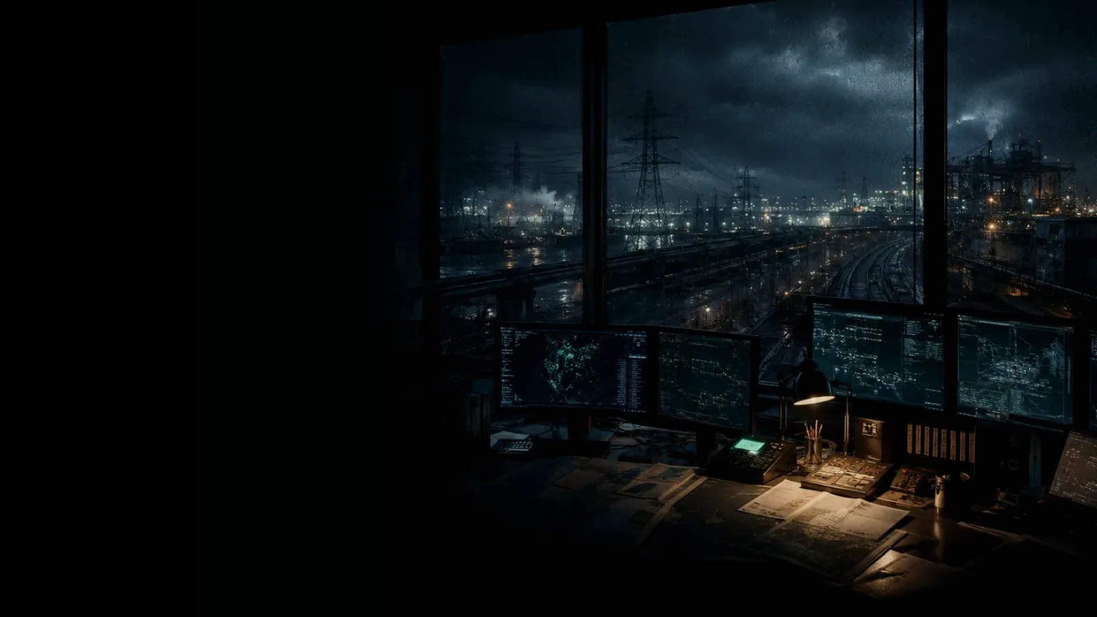 Railway Timetable subtopic background showing critical infrastructure map, cables, terminals and pressure in a dark operations room