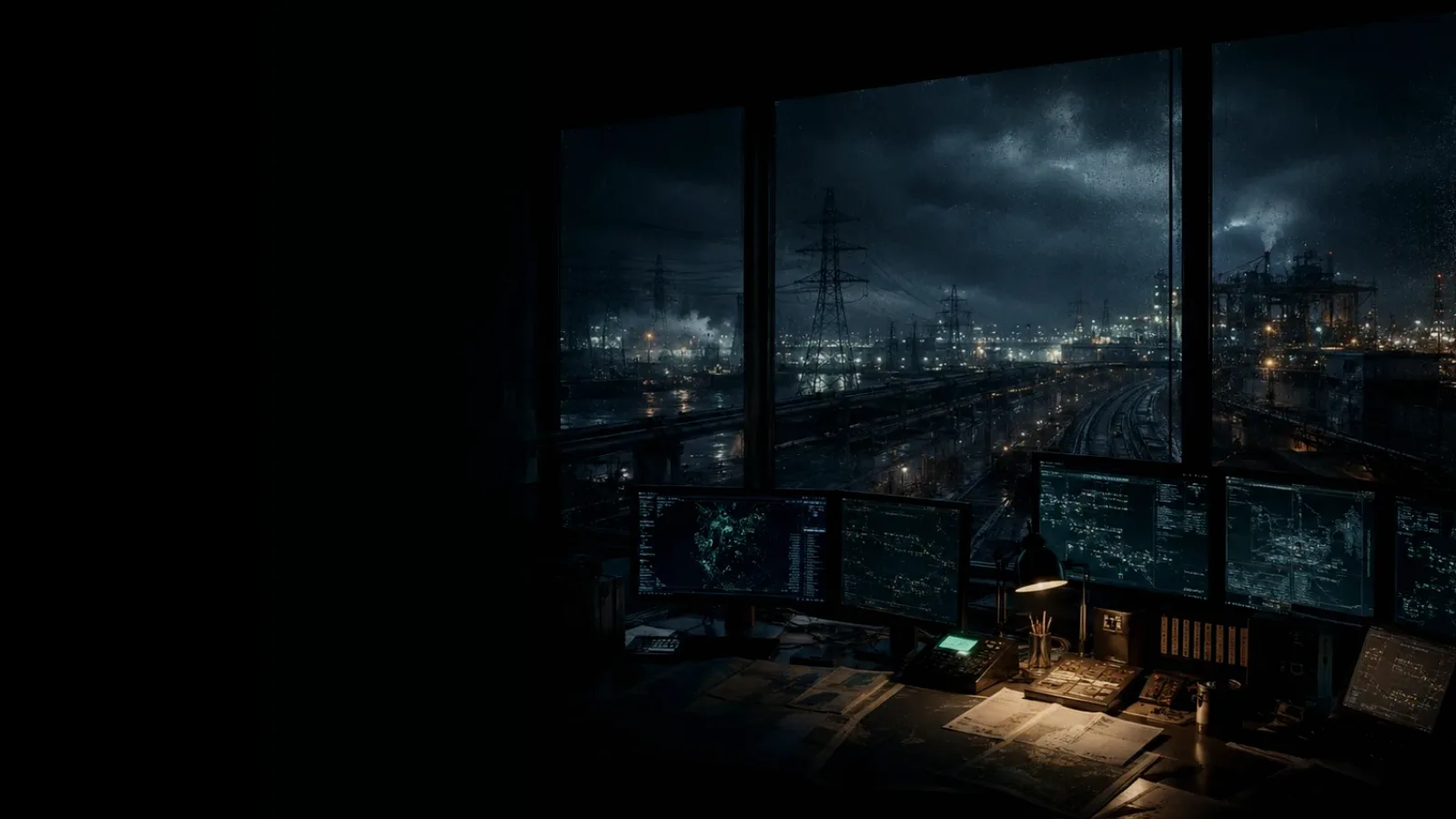 Route Authority for Rail Movement subtopic background showing critical infrastructure map, cables, terminals and pressure in a dark operations room