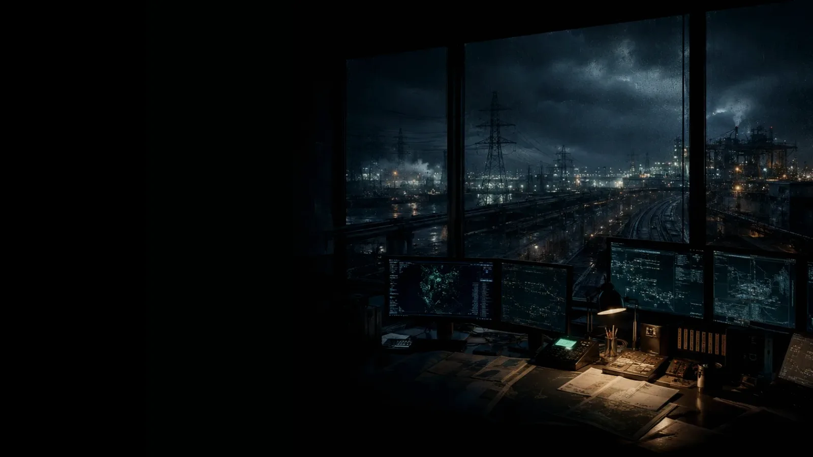 Traction Power subtopic background showing critical infrastructure map, cables, terminals and pressure in a dark operations room